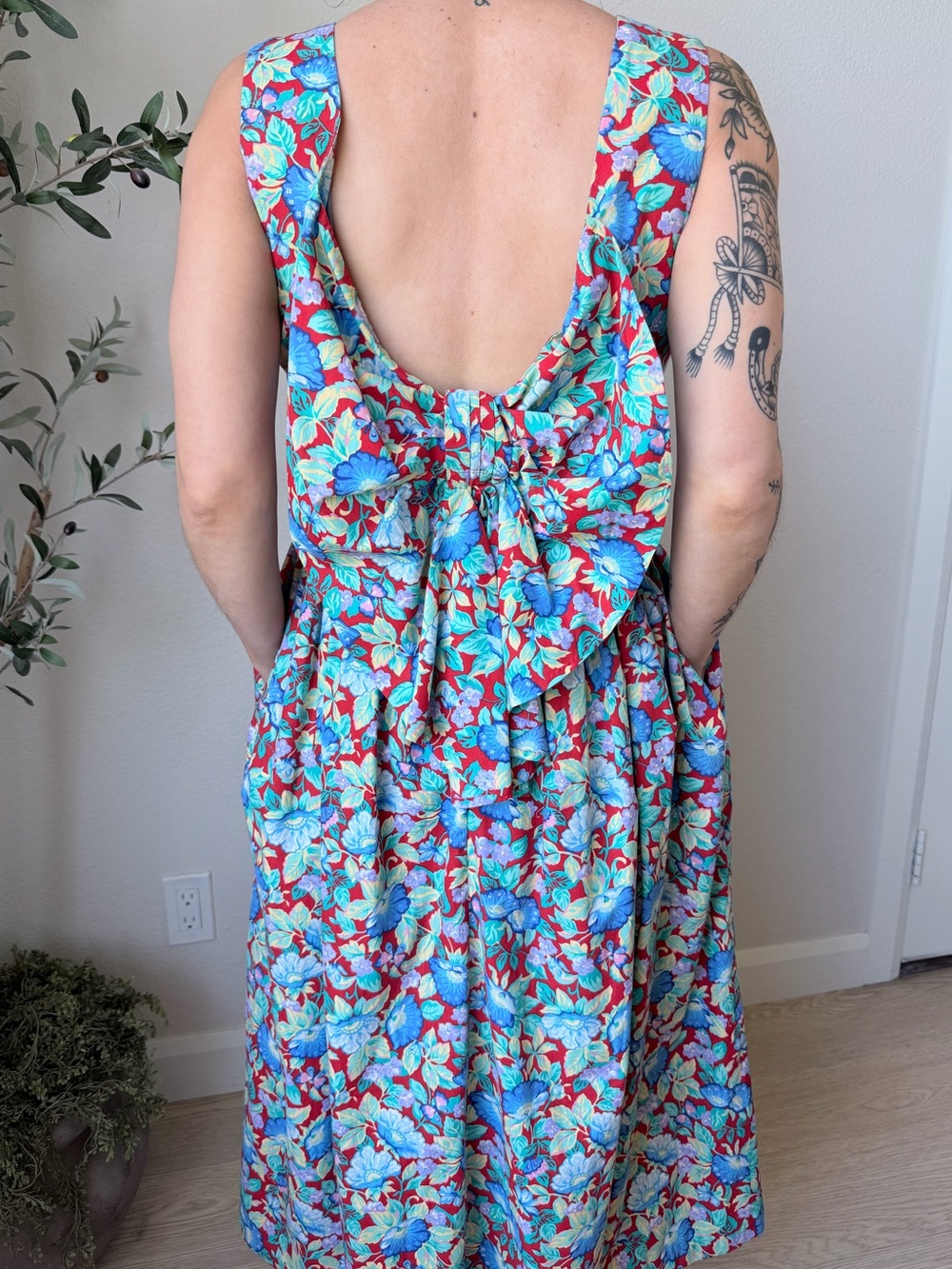 Vintage Handmade Floral Open Back Midi Dress Pockets Removable Bow Cottagecore S